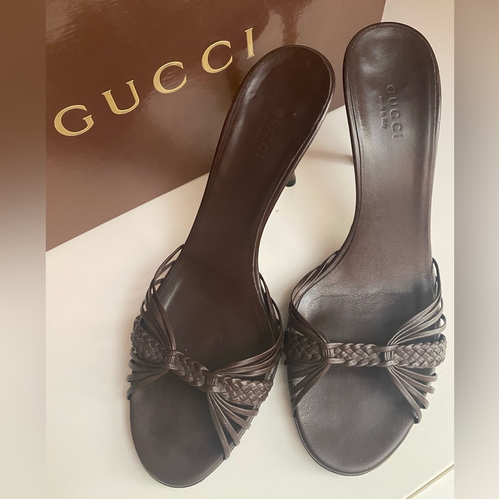 Gucci Brown Leather Bamboo Style Heel Sandal Slip-on Shoes 8